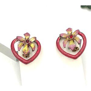 Vintage Heart Flower Scatter pins With Red Enamel & Rhinestones pair